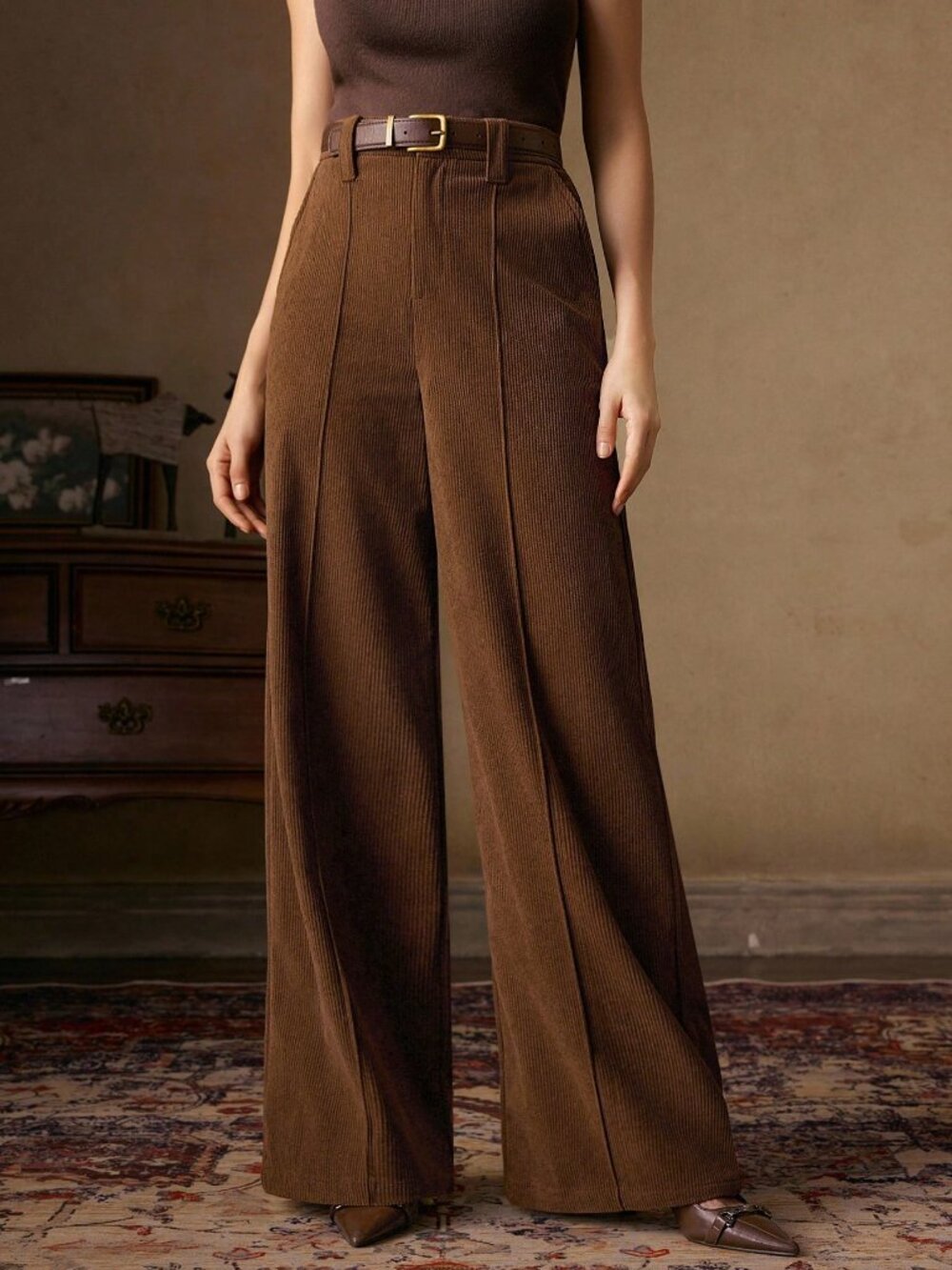 Brown Casual Women's Corduroy Trousers with Design Belt - Picture 4 of 7
